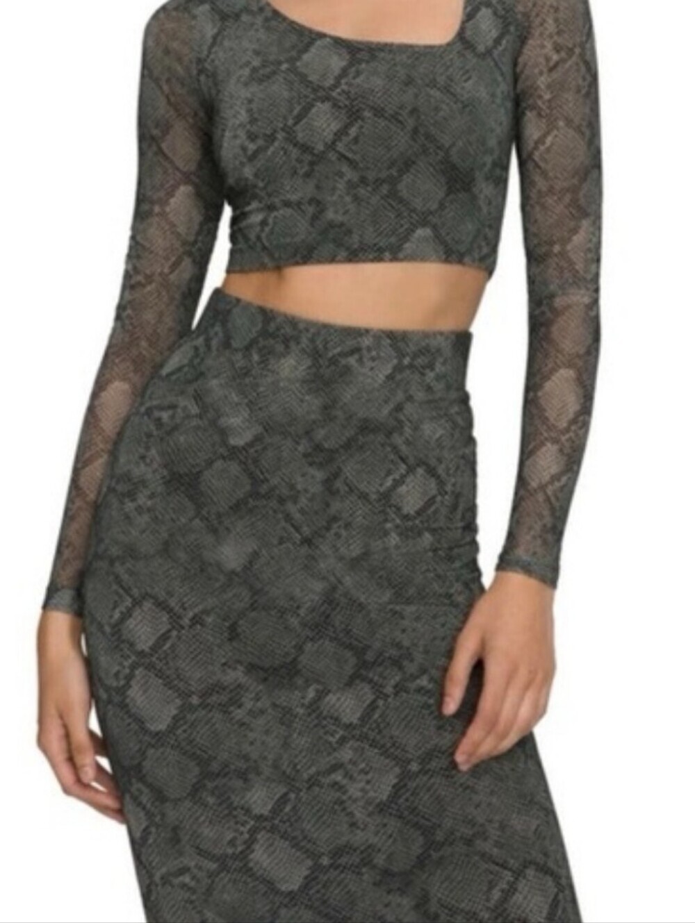 Good American Mesh Midi Bodycon Snakeskin Print Stretch Skirt Grey Green Size 0